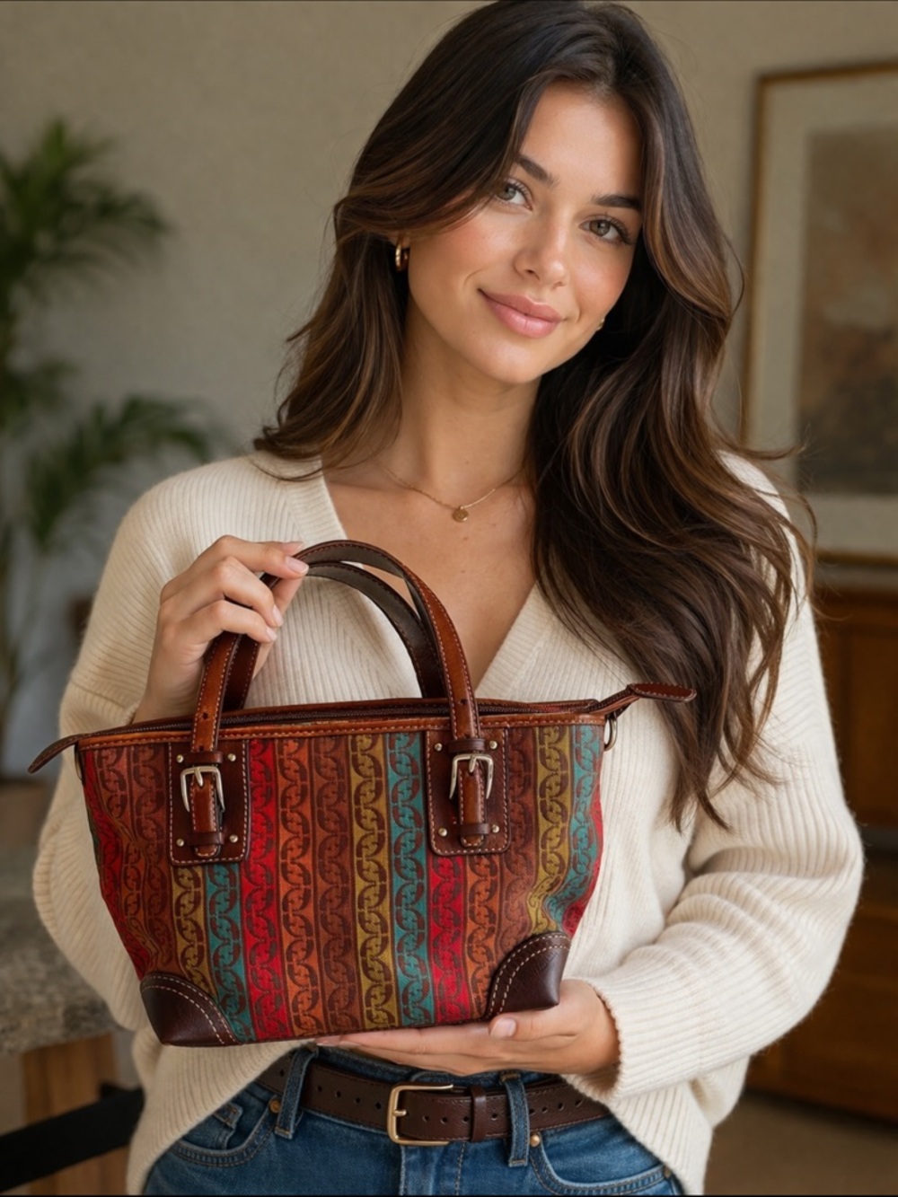 Fossil warm rich colors of red,orange, browns. Smaller handbag